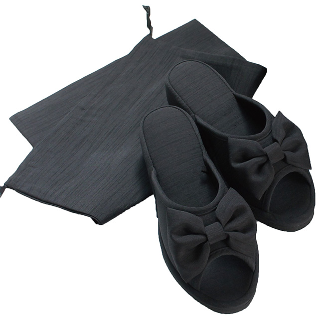 携帯スリッパ シャンタンリボンヒールスリッパ 入学式用 卒業式用 オフィス用 EVA底 4センチヒール ブラック Mサイズ Lサイズ LLサイズ レディース 袋付き フォーマルスリッパ