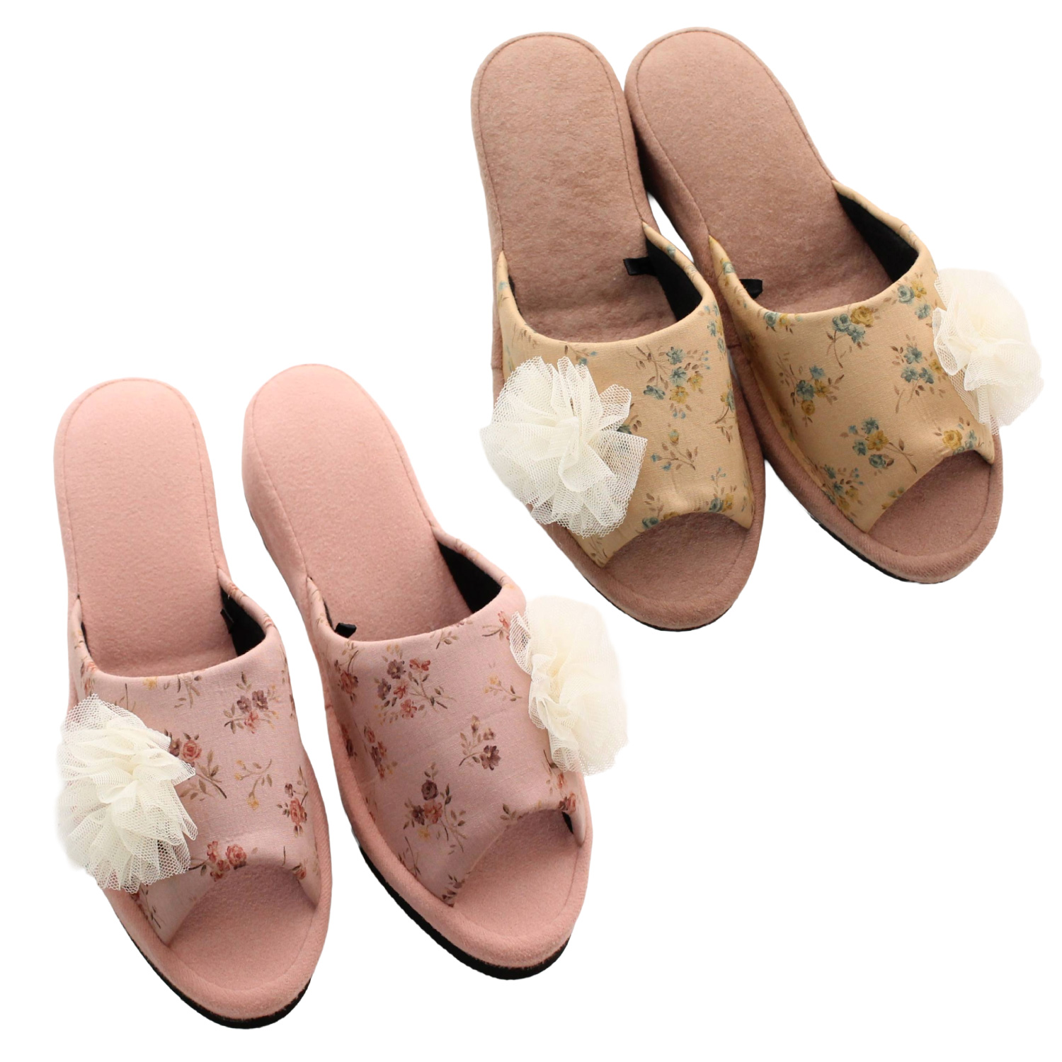 スリッパ 4cm フラワー オーガンジー ヒール パンタロン 底が拭ける 来客用 厚底 前あき 室内  ルームシューズ